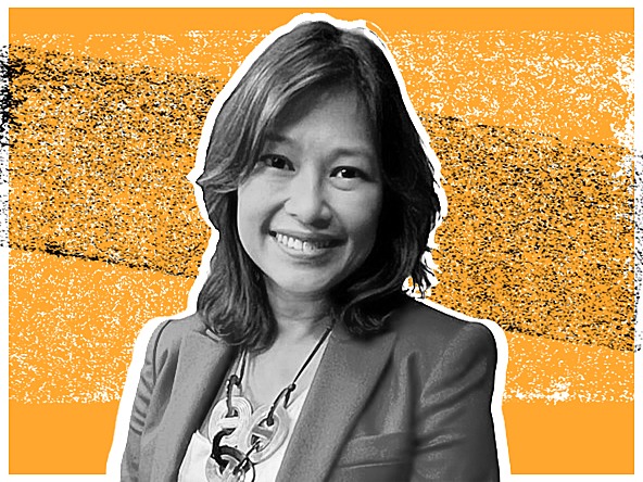 elaine rodrigo with orange,black and white graphic background